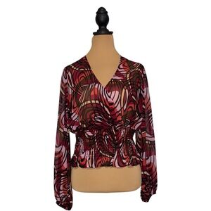 Bisou Bisou Red and Brown Wrap Blouse‎ Long Sleeve